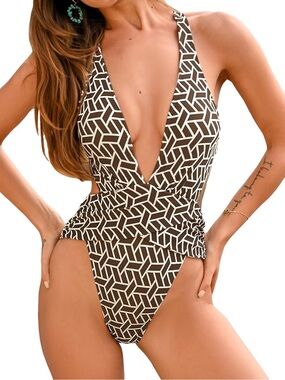 Cupshe Plunge Neck Monokini One Piece Swimsuit Brown Geometric Print Medium NWT